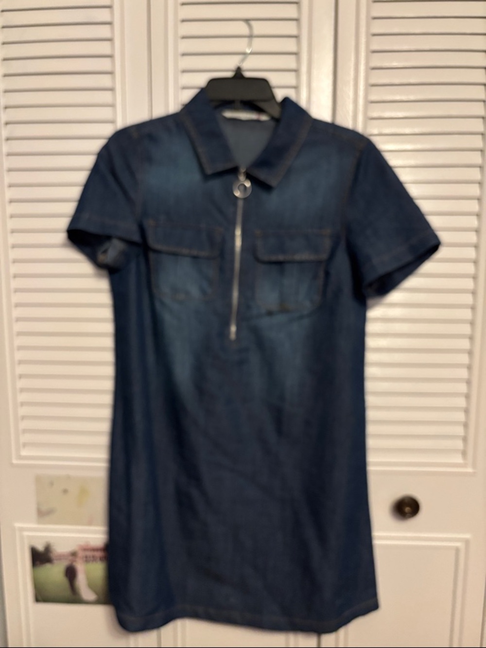 Denim Short Sleeve Zip-Front Shift Dress - Blue